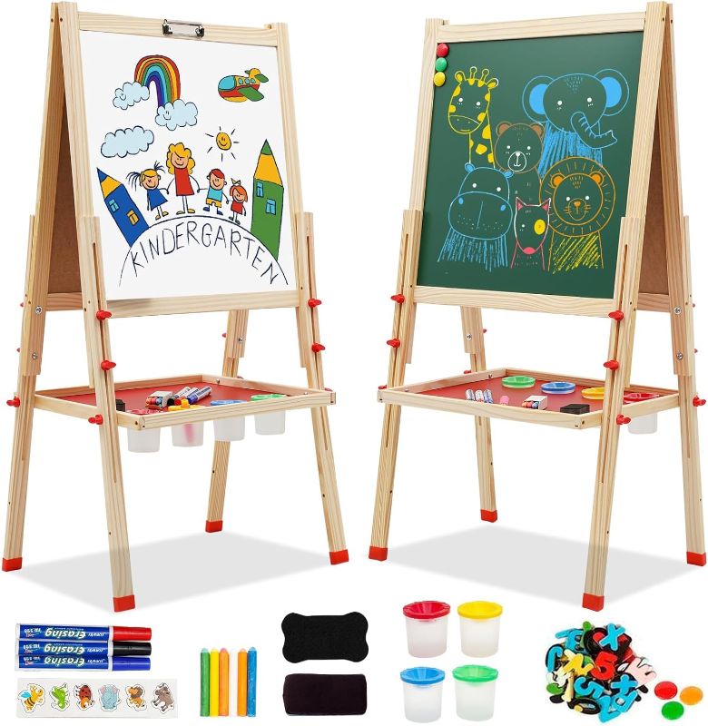 Photo 1 of Wooden Art Easel for Kids, Double Sided Kids Easel with Whiteboard & Chalkboard, Height Adjustable Standing Toddler Easel with Painting Accessories, Education Gift for Boys and Girl Toddler
