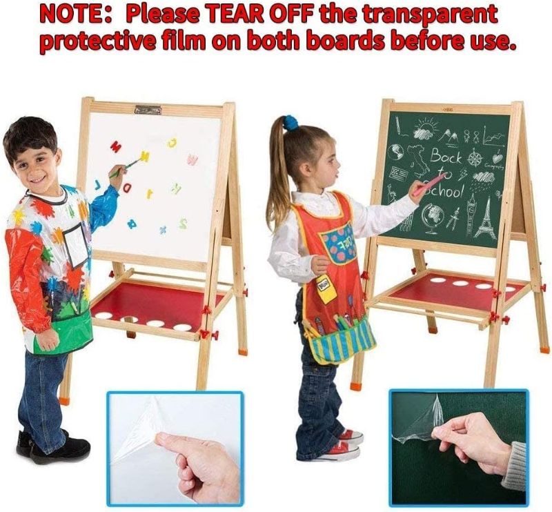 Photo 2 of Wooden Art Easel for Kids, Double Sided Kids Easel with Whiteboard & Chalkboard, Height Adjustable Standing Toddler Easel with Painting Accessories, Education Gift for Boys and Girl Toddler
