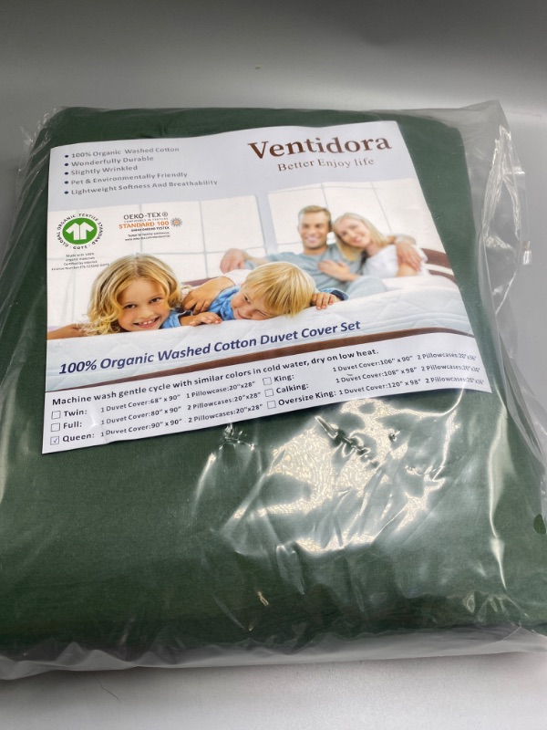 Photo 4 of Ventidora Green 3 Piece Duvet Cover Set Queen Size,100% Organic Washed Cotton Linen Feel Like Textured, Luxury Soft and Breatheable Bedding Set with Zipper Closure(1 Comforter Cover + 2 Pillowcases)
