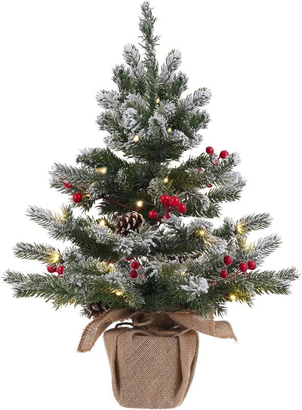 Photo 1 of 24 Inch 2 FT Pre-lit Snowy Mini Christmas Tree, DECSPAS Small Tabletop Flocked Christmas Tree with 20 LED Lights Red Berries Pine Cones and Cloth Bag Base Xmas Decorations for Holiday Party Home
