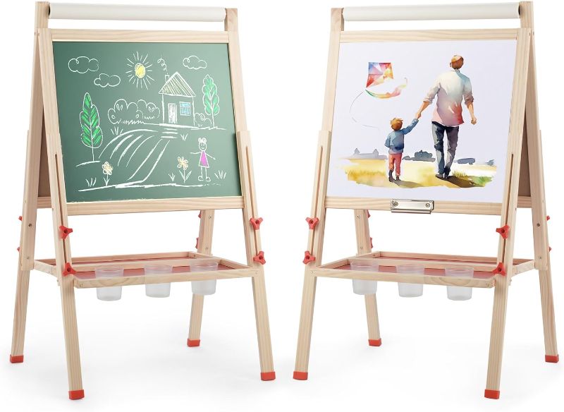 Photo 1 of All-in-One Art Easel for Kids with Paper Roll, Adjustable Double Side Art Drawing Standing Chalkboard for Toddlers 3-12, Boy & Girls Wooden Gift & Art Supplies for Toddler
