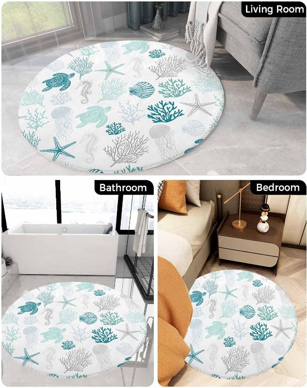 Photo 2 of Coastal Turquoise Turtle Fluffy Round Area Rug Carpets 3ft, Plush Shaggy Carpet Soft Circular Rugs, Non-Slip Accent Floor Mat for Living Room Bedroom Nursery Watercolor Gradient Coral Shell White
