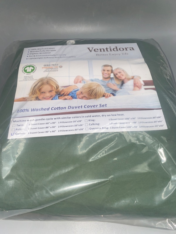 Photo 3 of Ventidora Green 3 Piece Duvet Cover Set Queen Size,100% Organic Washed Cotton Linen Feel Like Textured, Luxury Soft and Breatheable Bedding Set with Zipper Closure(1 Comforter Cover + 2 Pillowcases)
