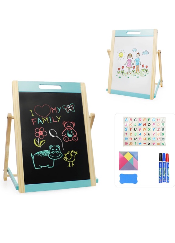 Photo 3 of Arkmiido Kids Tabletop Easel Wooden Portable Art Easel for Toddlers Magnetic Chalkboard &amp; Whiteboard Multiple-Use Easel Double Sided with Chalk, Markers, Eraser for Children Age 3