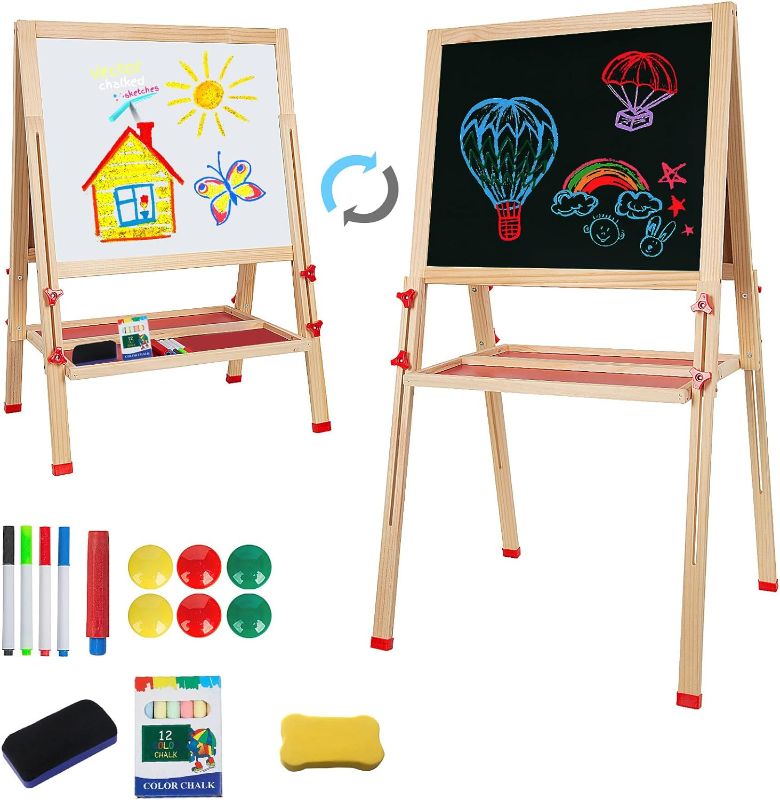 Photo 1 of Adjustable Wooden Easel for Kids, Foldable Standing Art Easel for 3, 4, 5, 6, 7, 8 Years Old with Accessories, Drawing Painting Gifts for Boys & Girls Toddlers, Great Presents for Birthday
