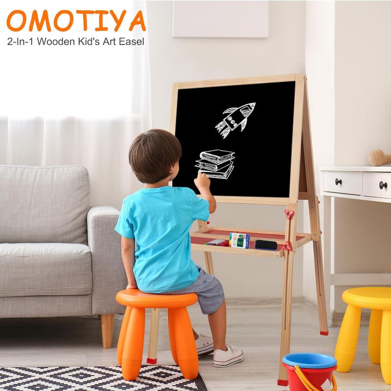 Photo 2 of Adjustable Wooden Easel for Kids, Foldable Standing Art Easel for 3, 4, 5, 6, 7, 8 Years Old with Accessories, Drawing Painting Gifts for Boys & Girls Toddlers, Great Presents for Birthday
