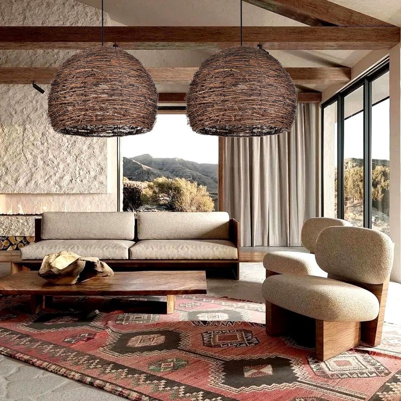 Photo 3 of Arturesthome Rustic Pendant Light Fixture, Woven Rattan Lampshade Coastal Hanging Lighting, Vintage Farmhouse Chandelier Lamp Shade for Kitchen Island Dining Room
