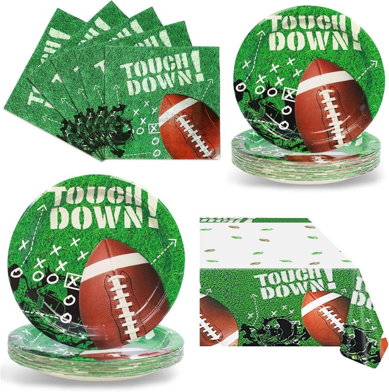 Photo 1 of Football Party Supplies Football Themed Disposable Party Tableware with Paper Plates,Napkins,Tablecloth Serves 10 Guests for Birthday Party Football Gameday Tailgate Party
