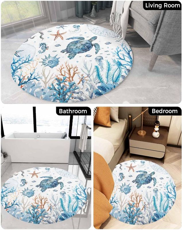 Photo 1 of Sea Turtle Fluffy Round Area Rug Carpets 3ft, Plush Shaggy Carpet Soft Circular Rugs, Non-Slip Fuzzy Accent Floor Mat for Living Room Bedroom Nursery Home Decor Blue Ocean Beach Coastal Coral Starfish
