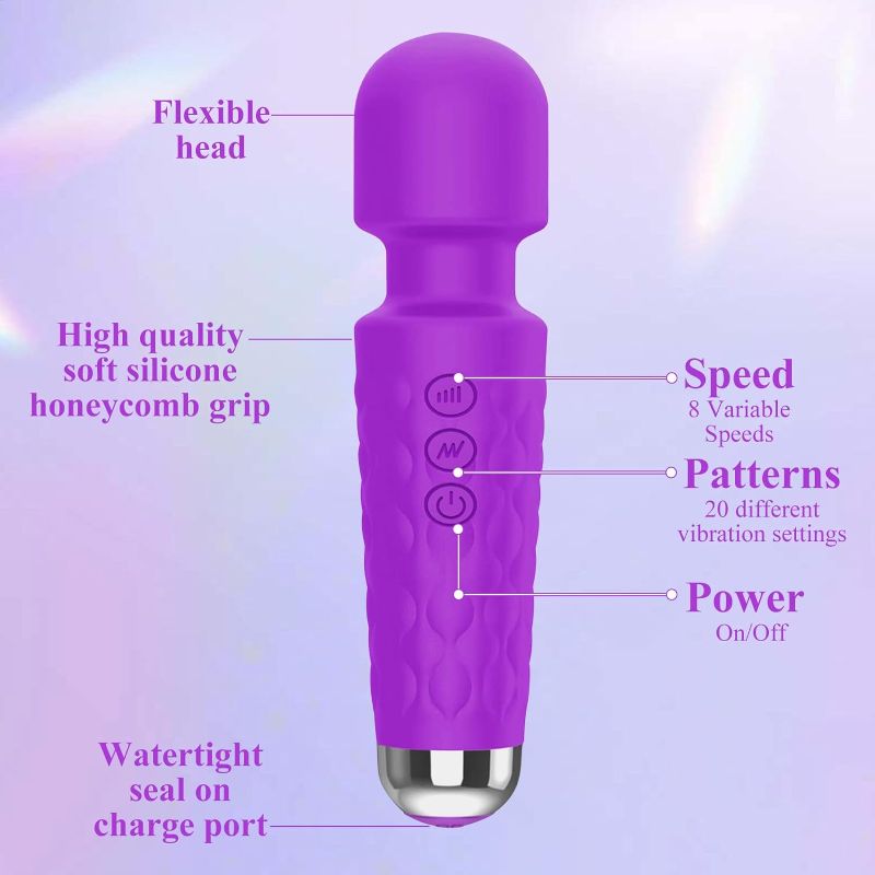 Photo 3 of Portable Handheld Personal Massager, 8 Speeds & 20 Vibration Modes, Cordless Rechargeable Massage Wand for Women Men Muscle Back Neck Tension Relief (Purple)
