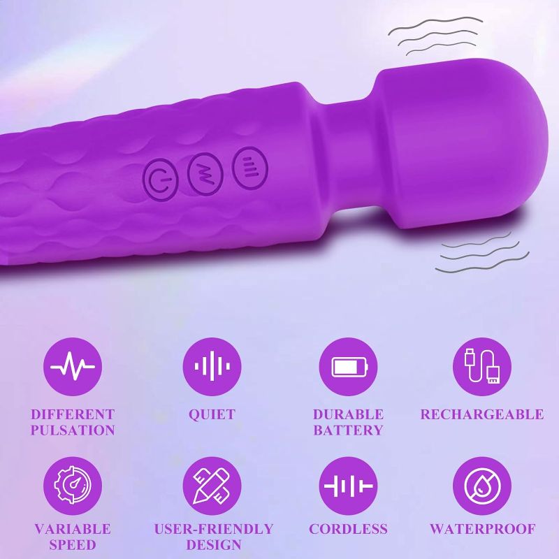 Photo 2 of Portable Handheld Personal Massager, 8 Speeds & 20 Vibration Modes, Cordless Rechargeable Massage Wand for Women Men Muscle Back Neck Tension Relief (Purple)
