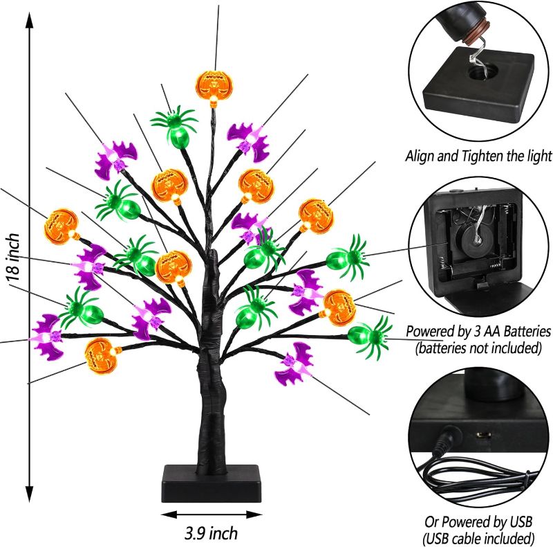 Photo 2 of [Timer] Halloween Decor 18 Inch Black Halloween Tree with 24 LED Pumpkin Light, USB/Battery Operated Lighted Birch Tree Spooky Halloween Table Decorations Indoor Outdoor for Home Room Party
