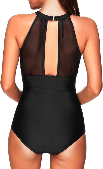 Photo 2 of (L) Tempt Me Women One Piece Swimsuit High Neck Plunge Ruched Tummy Control Bathing Suit
