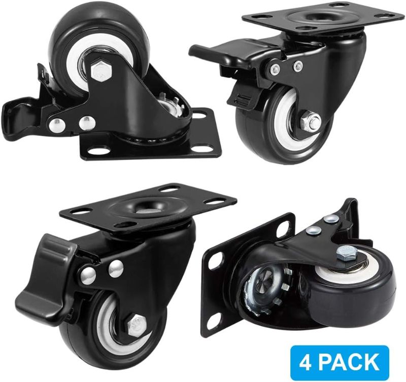 Photo 1 of 2" Caster Wheels, Heavy Duty Casters with Brake Set of 4, Locking Casters with 360 Degree No Noise Polyurethane (PU) Wheels, Swivel Plate Castors Pack of 4
