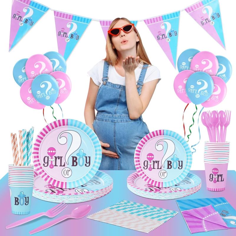Photo 1 of 96pcs Baby Gender Reveal Party Supplies and Decoration Set, Boy or Girl Disposable Paper Plates, Napkins, Cups, Straws, Cutlery, Banner, Balloons Tablecloth for Baby Shower Decorations, Serve 10
