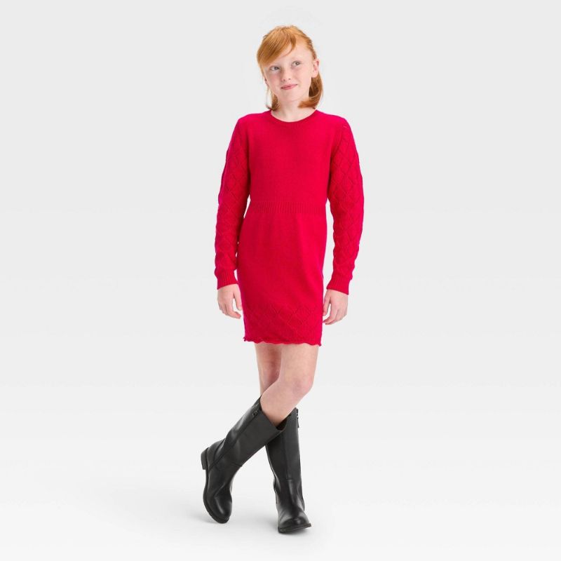 Photo 1 of (L) Girls' Crochet Long Sleeve Sweater Dress - Cat & Jack™ Red L(10-12)