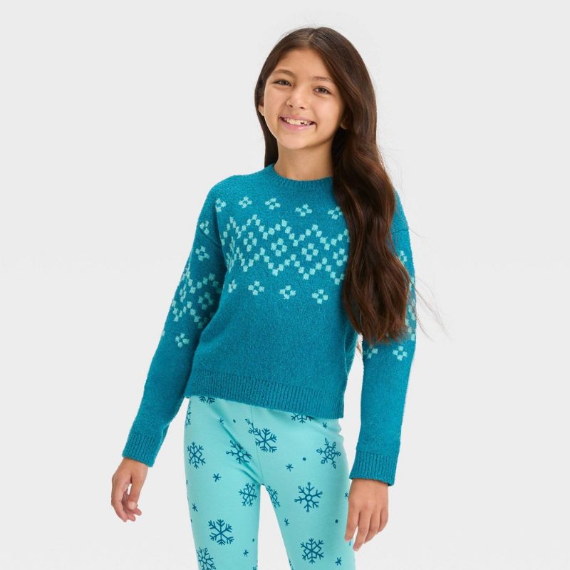 Photo 1 of Girls' Fair Isle Pullover Sweater - Cat & Jack™ Teal Blue XS(6-7)
