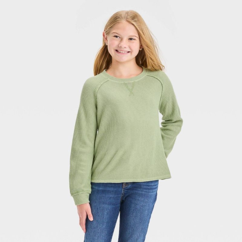 Photo 1 of Girls' Cozy Waffle Pullover - Cat & Jack™ Light Olive Green M
