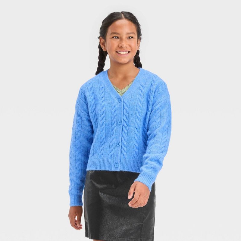 Photo 1 of Girls' Cropped Cable Knit Cardigan Sweater - Art Class™ Blue L(10/12)
