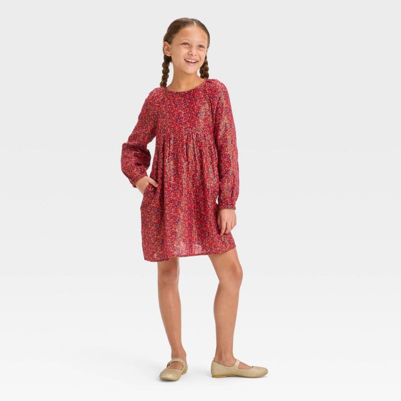 Photo 1 of Girls' Long Sleeve Woven Mini Floral Dress - Cat & Jack™ Burgundy S(6/7)
