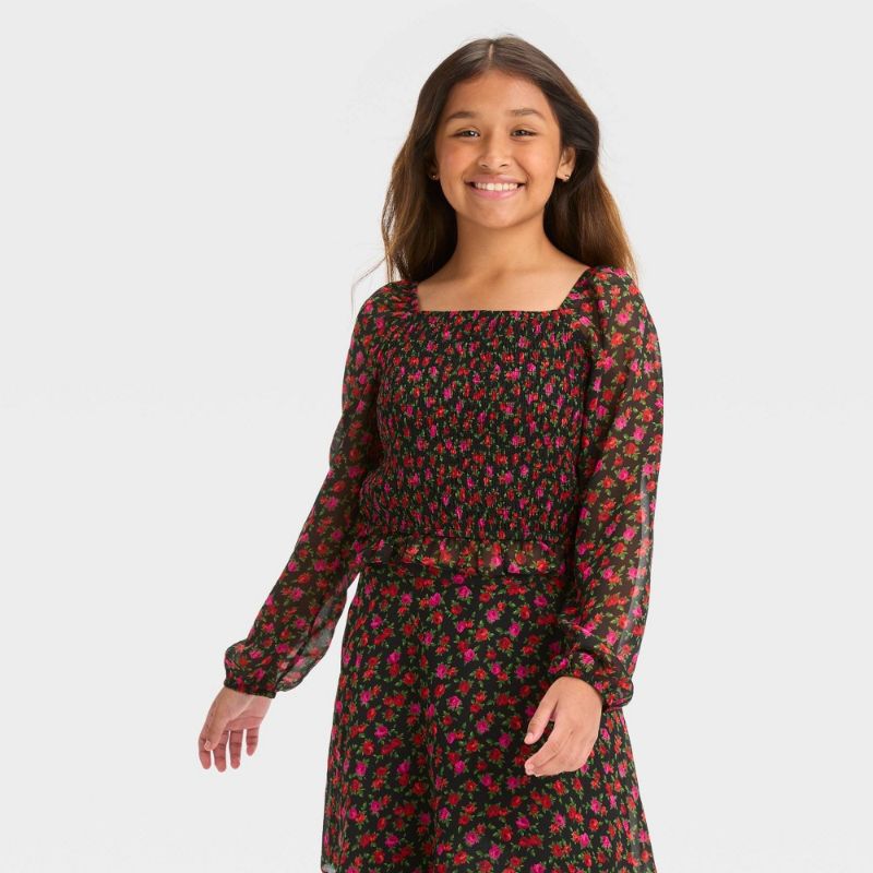 Photo 1 of Girls' Long Sleeve Smocked Chiffon Top - Art Class™ Black Floral XL(14)
