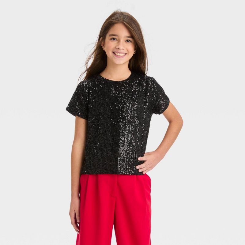 Photo 1 of Girls' Short Sleeve Boxy Sequin Top - Art Class™ Black L(10-12)
