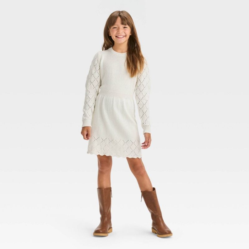 Photo 1 of Girls' Crochet Long Sleeve Sweater Dress - Cat & Jack™ Cream XL(14)
