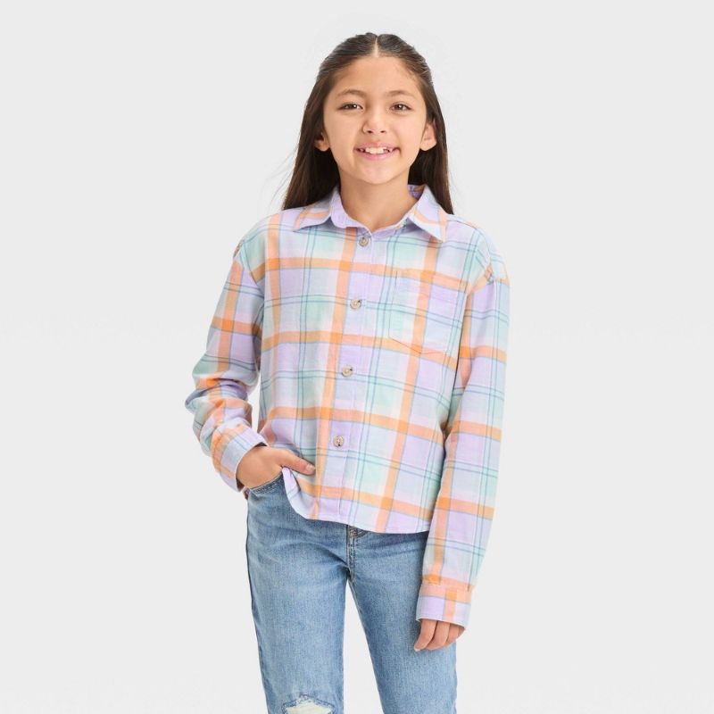 Photo 1 of Girls' Flannel Long Sleeve Button-Down Woven Top - Cat & Jack™ Purple XS(4/5)
