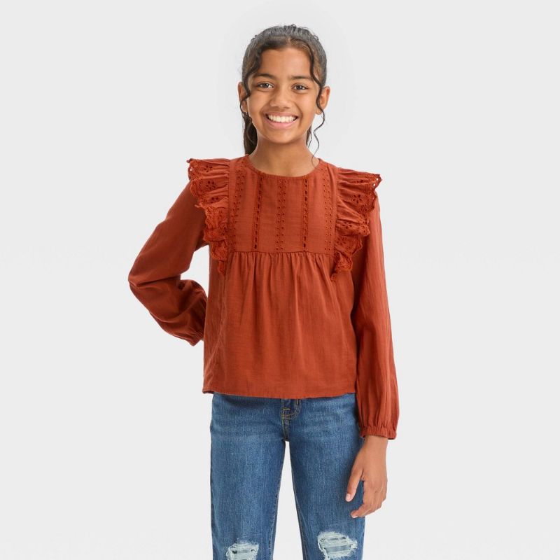 Photo 1 of Girls' Long Sleeve Woven Ruffle Shirt - Cat & Jack™ Chestnut Orange L(10/12)
