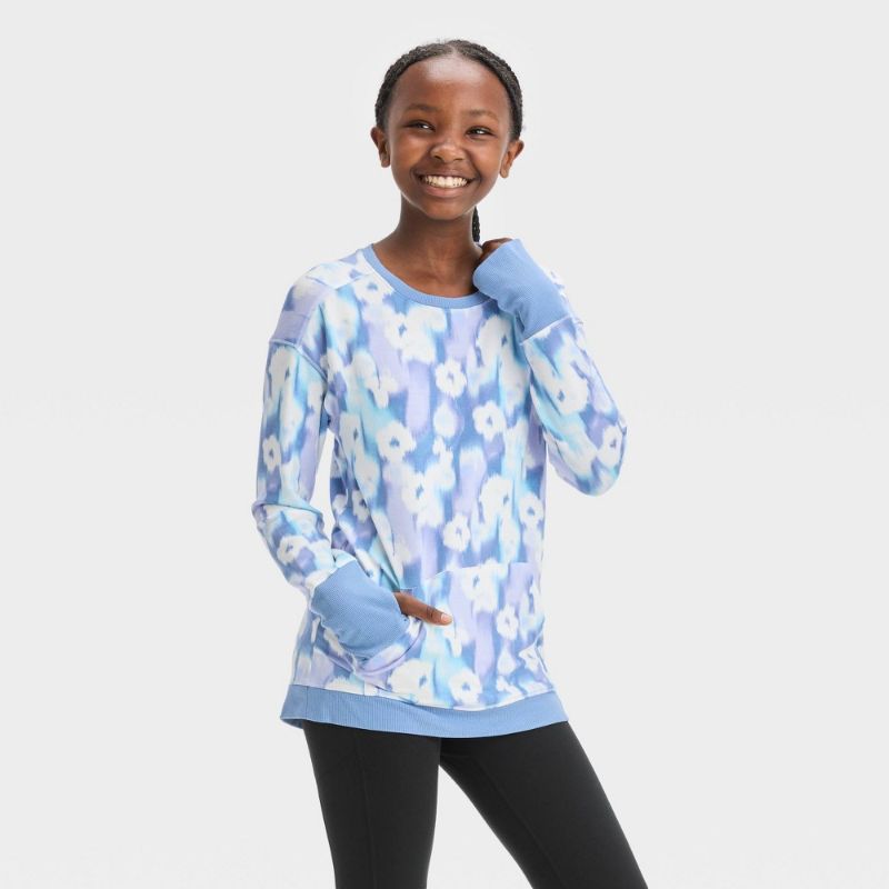 Photo 1 of Girls' Cozy Lightweight Fleece Crewneck Sweatshirt - All in Motion™ Light Blue XS(4-5)
