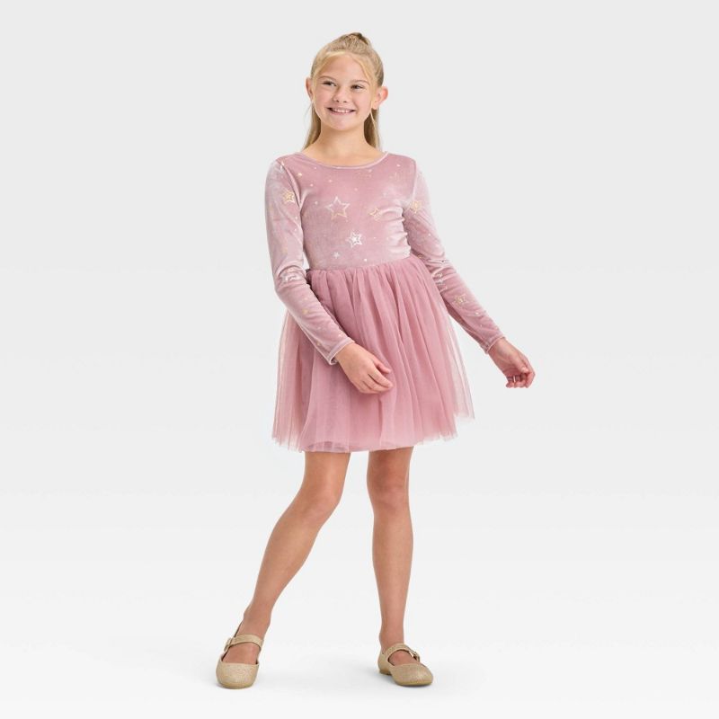 Photo 1 of Girls' Long Sleeve Star Velour Tulle Dress - Cat & Jack™ Dusty Pink L(10/12)
