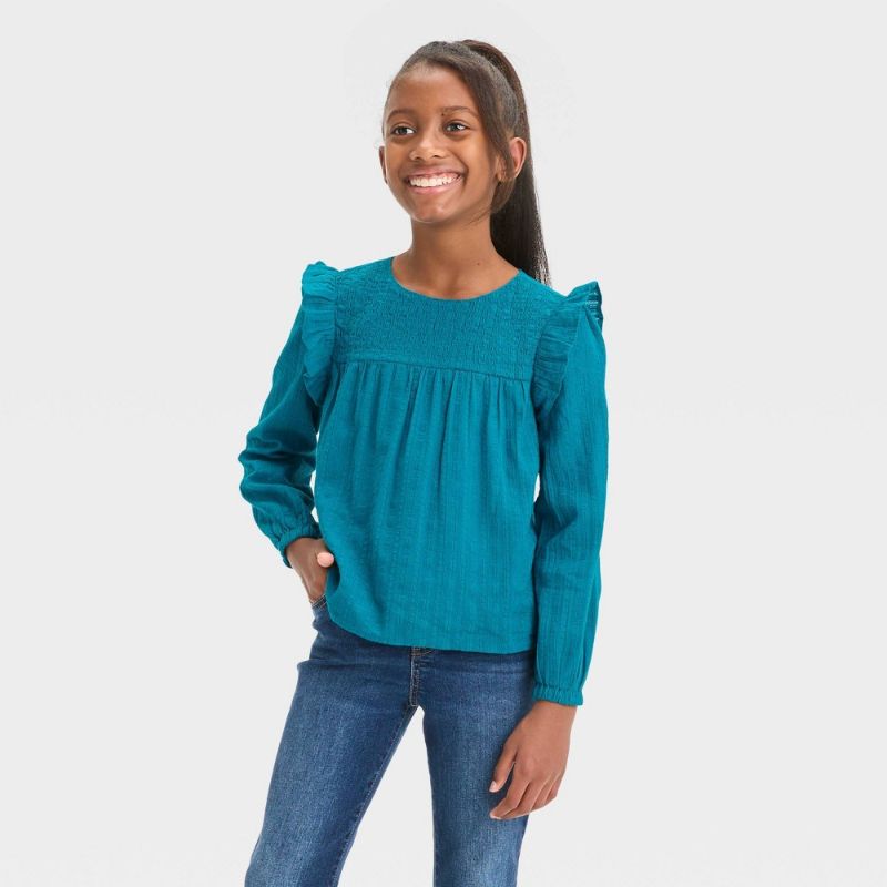 Photo 1 of Girls' Long Sleeve Woven Ruffle Shirt - Cat & Jack™ Teal Blue XS(4/5)
