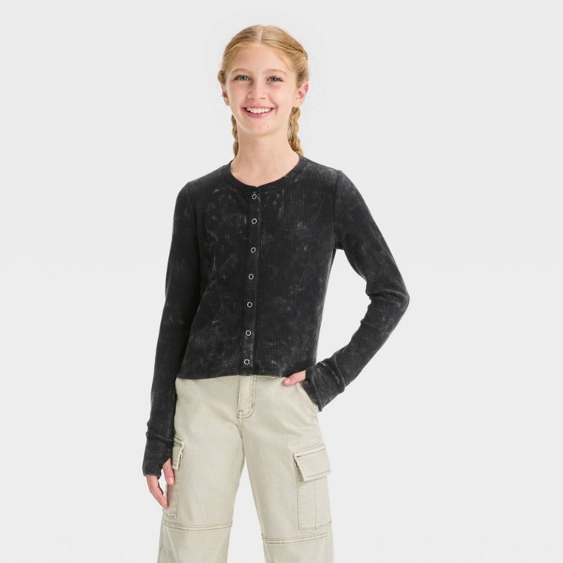 Photo 1 of Girls' Long Sleeve Button-Down Waffle Shirt - Art Class™ Black L(10-12)
