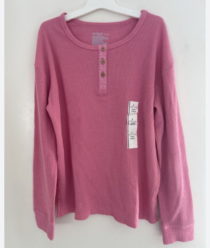 Photo 1 of Cat & Jack Kid Girl Solid Pink Waffle Knit Henley Long Sleeve Shirt Pink L 10/12