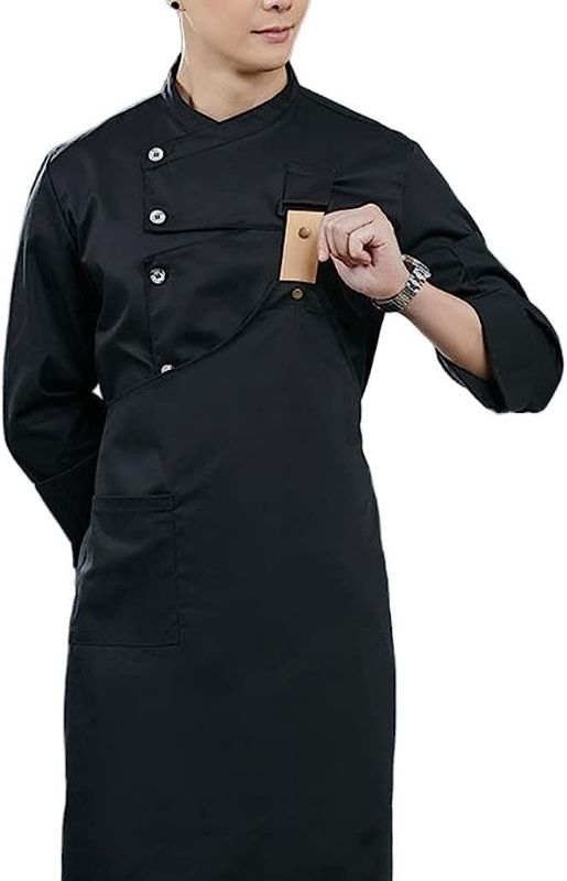 Photo 1 of (S) HMLOPX Chef Jacket Chef Clothes Chef Jacket Mens Classic Chef Coat Chef Uniform Tops + Apron 2pcs (Color : Black1, Size : Small)
