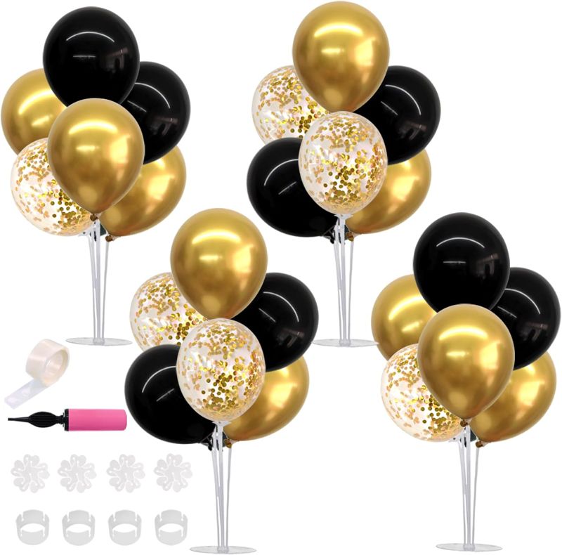 Photo 1 of 4 Set Black Gold Balloon Centerpieces for Table,Balloons Stand Kit for Black Gold Party Decorations Christmas Engagement 50th Birthday Anniversary New Year 2024 Graduation Decorations
