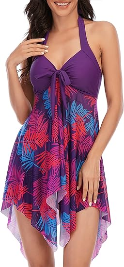 Photo 1 of 2XL MiYang Womens Tankini Swimdress with Boyshorts Two Piece V Neck Bowknot Halter Bathing Suit Dress
