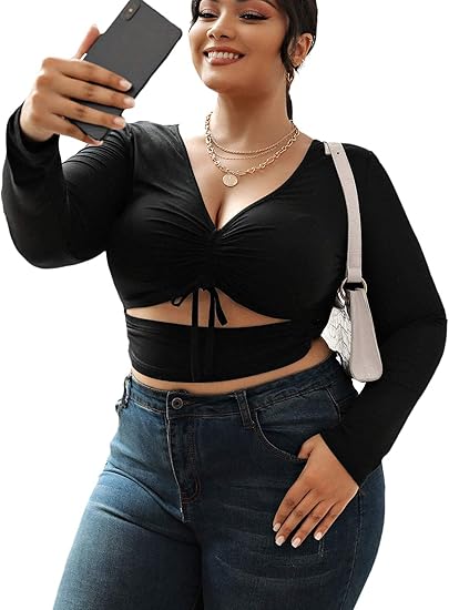 Photo 1 of Large Fensace 1 Women's Plus Size Solid Long Sleeve V Neck Cut Out Tie Front Ruched Slim Fit Crop Tee Top
