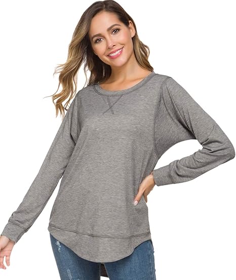 Photo 3 of 2XL  Womens Long Sleeve T-Shirts Casual Tunic Blouse Loose Curved Hem Tops
