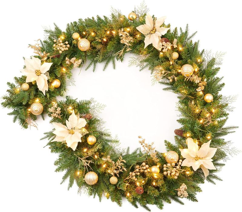 Photo 1 of 9Ft Christmas Garland Prelit with Gold Berries and Balls,Flower and 50 Lights Plug in,Holiday Decoration Fireplace Stairs Mantle Door Indoor Outdoor
