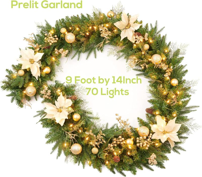 Photo 3 of 9Ft Christmas Garland Prelit with Gold Berries and Balls,Flower and 50 Lights Plug in,Holiday Decoration Fireplace Stairs Mantle Door Indoor Outdoor
