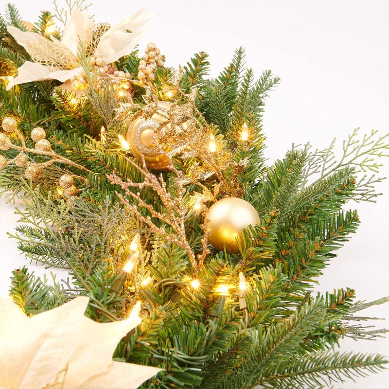 Photo 1 of 9Ft Christmas Garland Prelit with Gold Berries and Balls,Flower and 50 Lights Plug in,Holiday Decoration Fireplace Stairs Mantle Door Indoor Outdoor
