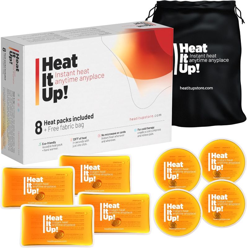 Photo 1 of HEAT IT UP Reusable Heat Pack - 8 Instant Heat Packs for Hot Compress - Pads Can Be Used As Pocket Warmers Or Hot Packs for Pain Relief - Included Free Fabric Bag for Travel
