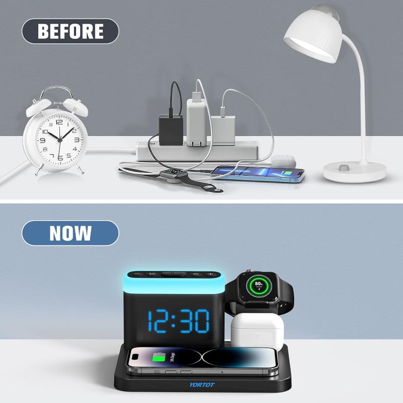 Photo 2 of Alarm Clock Charging Station, 7 Night Light, Wireless Charger Dock for Multiple Devices, for iPhone 15/14/13 Pro/Pro Max/12/11/X/XR, Apple Watch, AirPods
