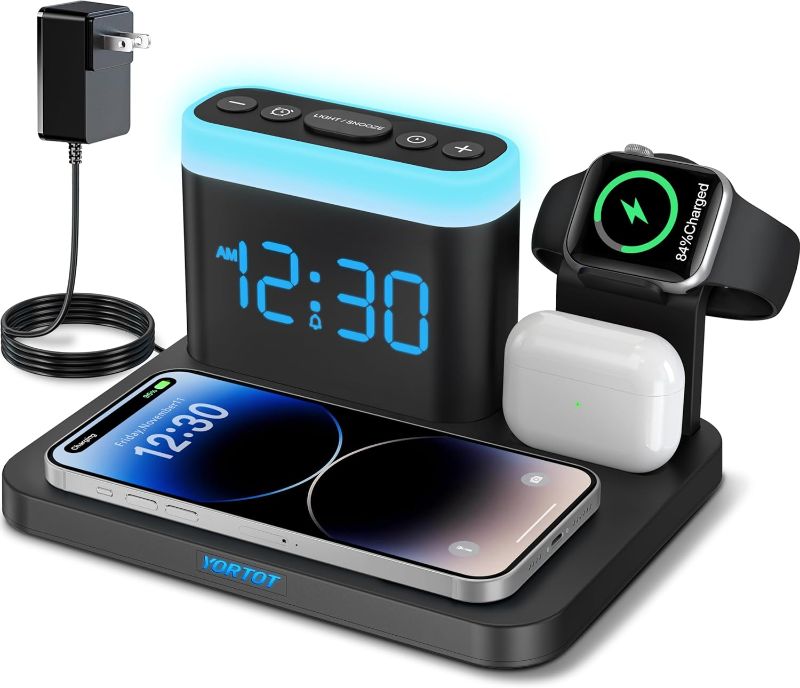 Photo 1 of Alarm Clock Charging Station, 7 Night Light, Wireless Charger Dock for Multiple Devices, for iPhone 15/14/13 Pro/Pro Max/12/11/X/XR, Apple Watch, AirPods
