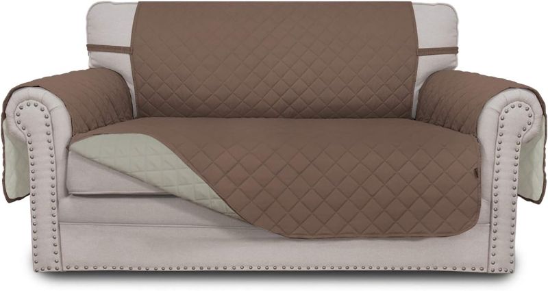 Photo 1 of Easy-Going Reversible Loveseat Couch Cover for 2 Cushion Couch Sofa Cover for Dogs Water Resistant Furniture Protector with Foam Sticks Elastic Straps for Pet (Loveseat, Brown/Beige)
