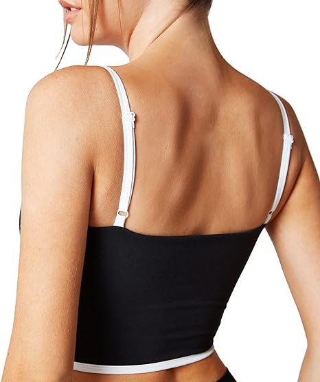 Photo 2 of Small Move With You Sleeveless Spaghetti Strap Padded Sports Bra Tank Tops Square Neck Double Layer Workout Fitness Basic Crop Tops
