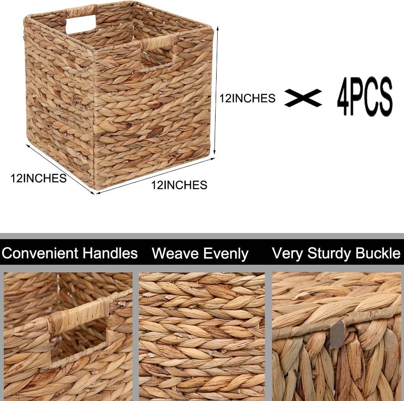 Photo 4 of JCLD&YO9 Foldable Handwoven Water Hyacinth Storage Baskets Wicker Cube Baskets Rectangular Laundry Organizer Totes,Set of 4 Pcs,12x12x12inch