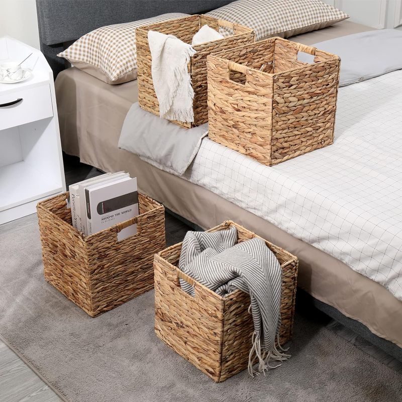 Photo 2 of JCLD&YO9 Foldable Handwoven Water Hyacinth Storage Baskets Wicker Cube Baskets Rectangular Laundry Organizer Totes,Set of 4 Pcs,12x12x12inch