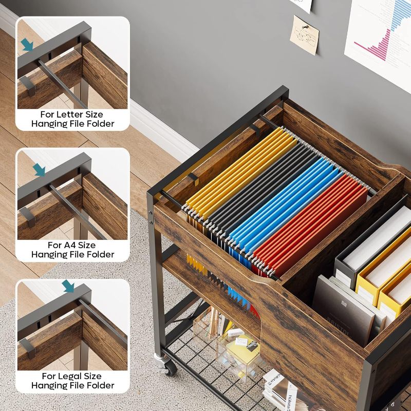 Photo 3 of Bestier Rolling File Cart with Wheels Hanging Files, Legal & Letter Size Mobile Office File Organizer Cart with Open Storage Shelves and 2 Hooks (Rustic Brown, 16" D x 24" W x 27" H)